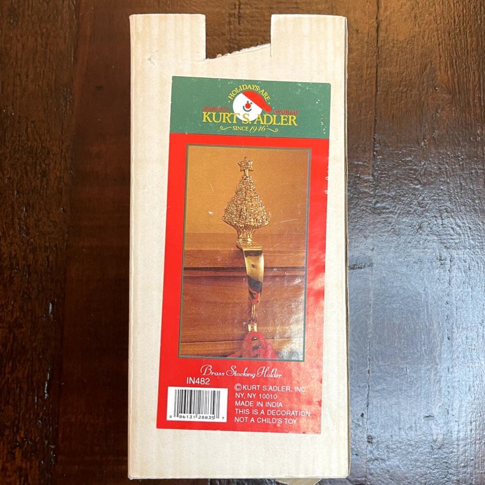 Kurt Adler Brass Christmas Tree Stocking Holder Mantel Hook Long Arm Gold w/ Bo